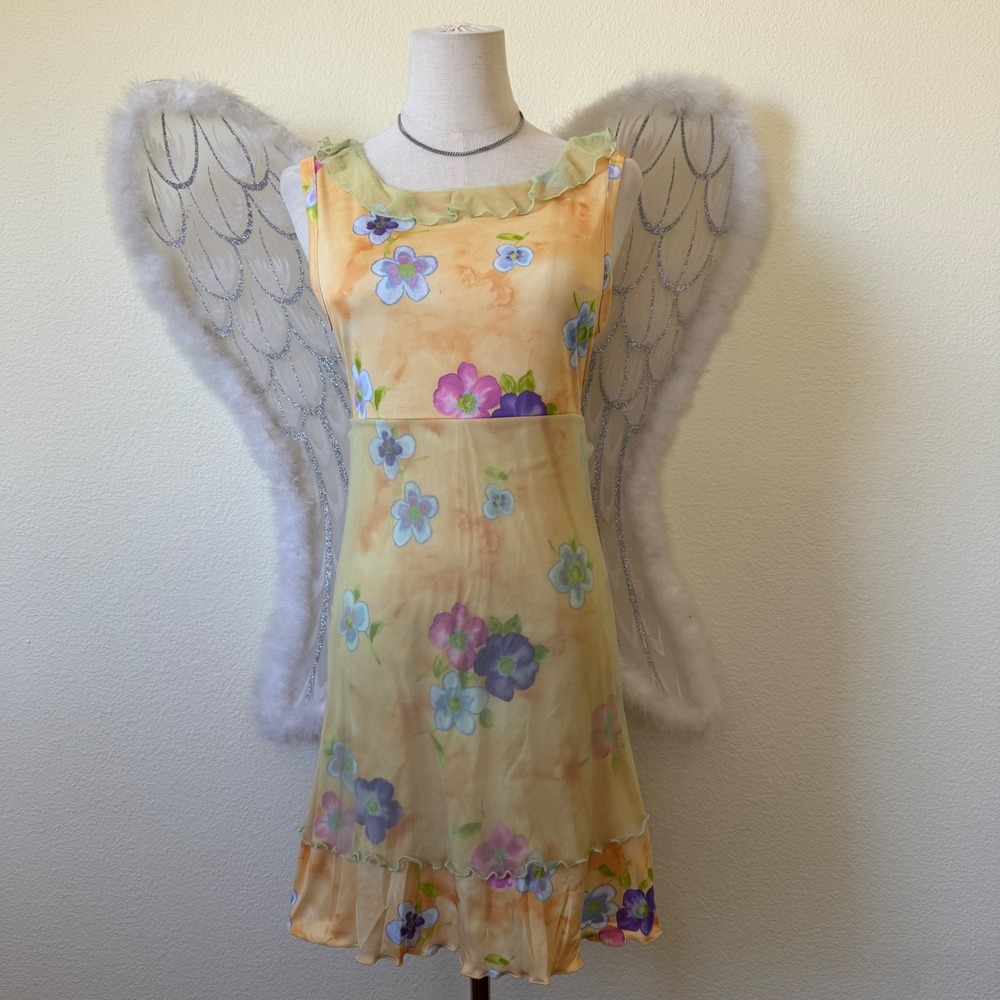 Girly Grunge Vintage Y2K Orange Floral Mesh Overlay Mini Dress Ruffle Bright
